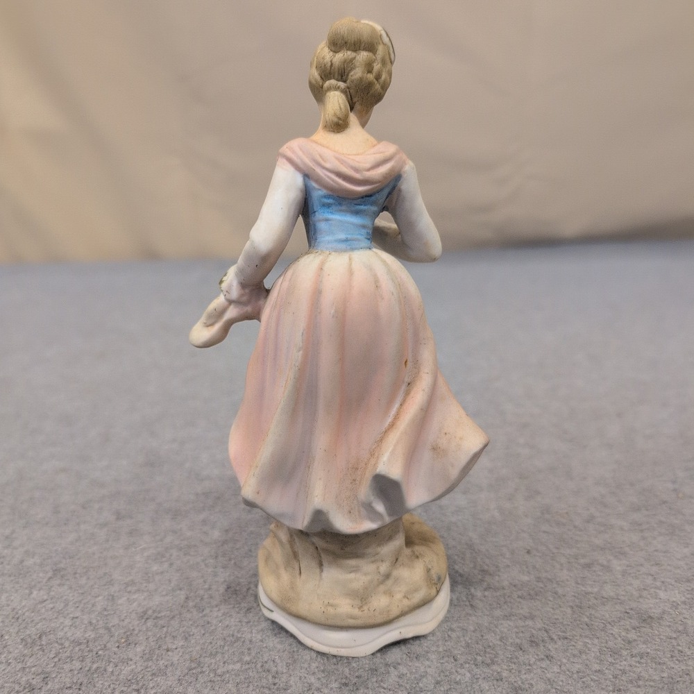 Vintage Porcelain Bisque Woman Figurine with Flower Basket Pink Blue White Decor - Picture 3 of 5